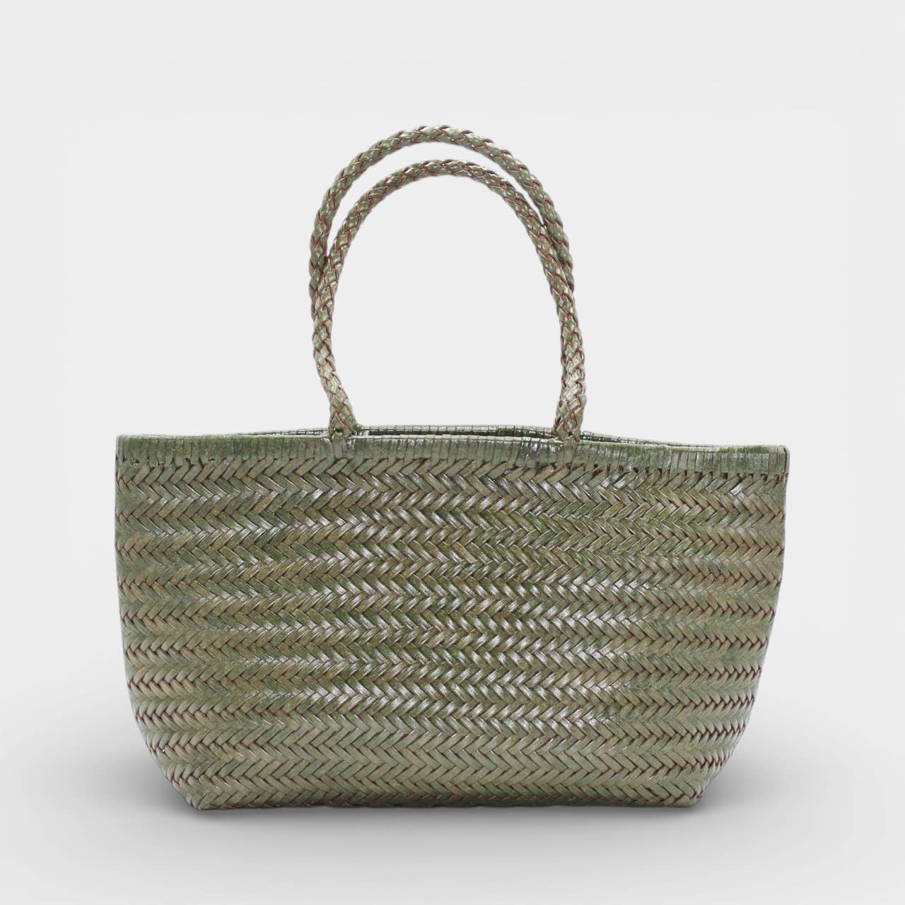 Handwoven Leather Tote Bag: Green
