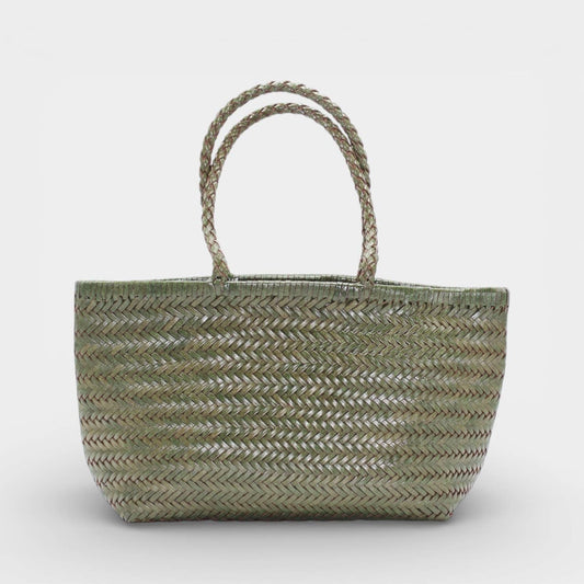 Handwoven Leather Tote Bag: Green