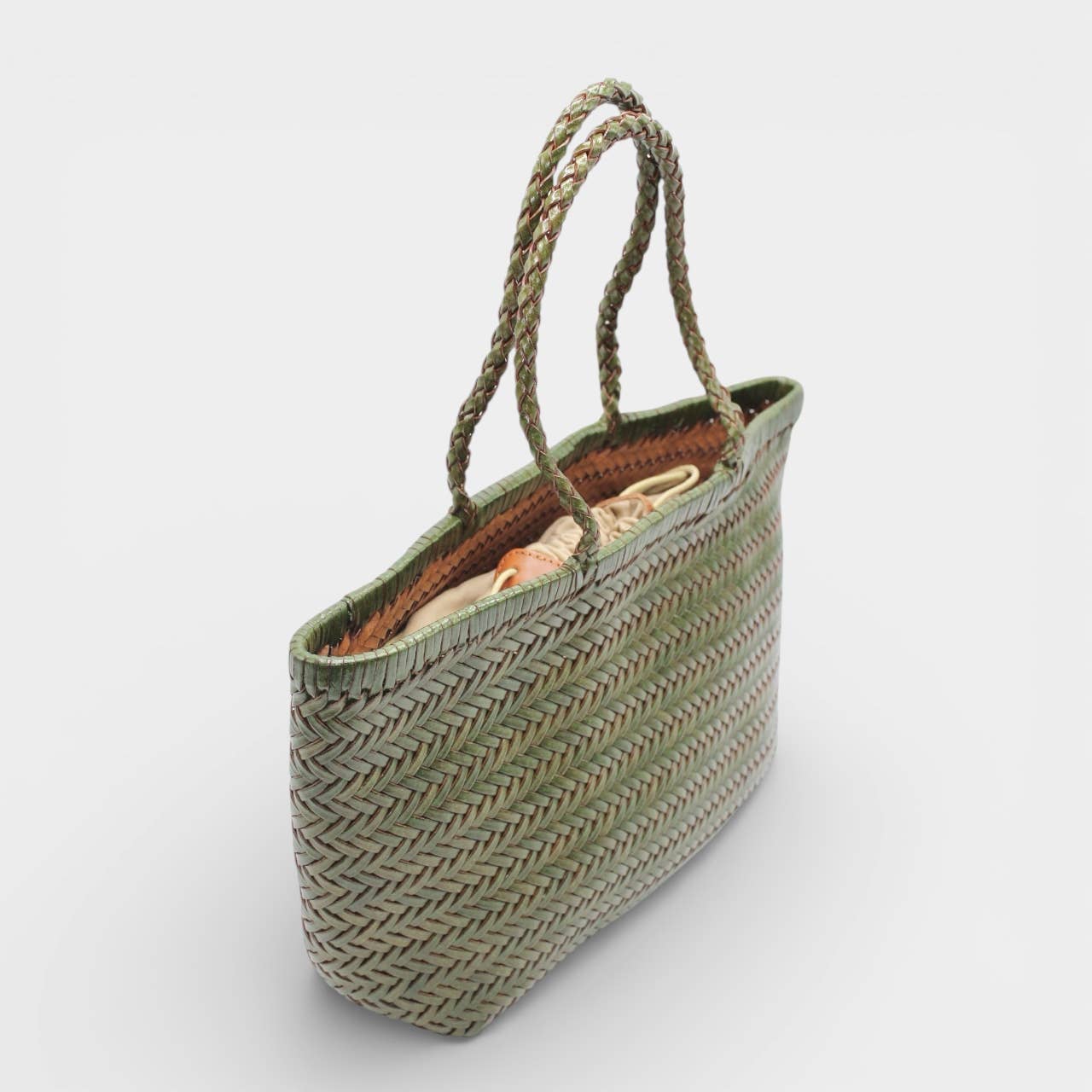 Handwoven Leather Tote Bag: Green