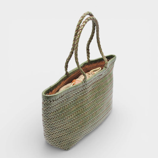 Handwoven Leather Tote Bag: Green