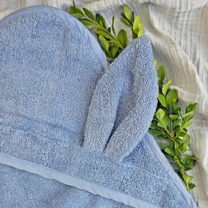 Organic Rabbit Hooded Baby Towel: Dusty Blue